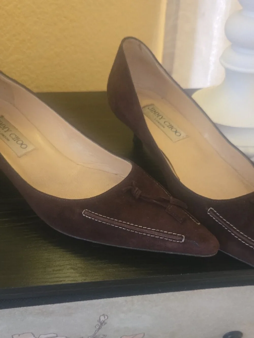 Jimmy Choo Dark Brown Suede Pointed-Toe Pumps with Knotted Accent